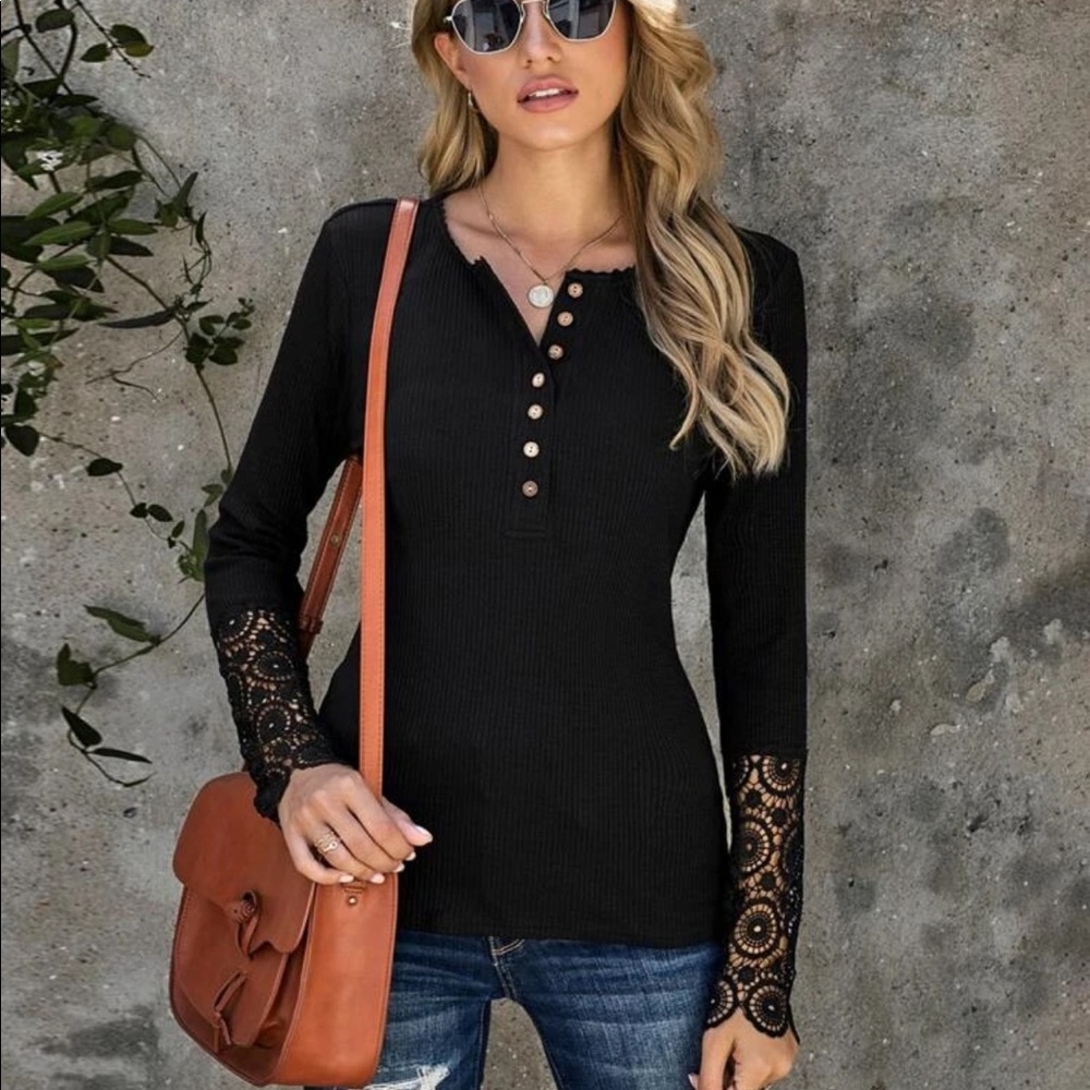 Blue Lace long sleeve rib knit button front top - Picture 3 of 4